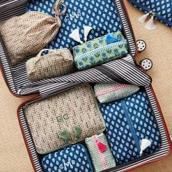 5 Piece Block Print Packing Cube Set | 3 -Grocery Store block print travel pouch 1 c