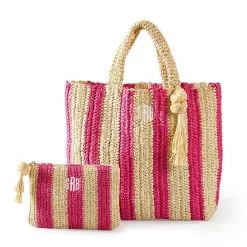 Cabana Stripe Straw Tote And Pouch Set | 3 -Grocery Store cabana stripe straw tote and pouch set 5 c