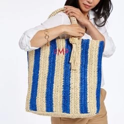 Cabana Stripe Straw Tote And Pouch Set | 3 -Grocery Store cabana stripe straw tote and pouch set c 2