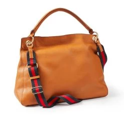 Camel Handbag With Navy-Red Crossbody Strap | 1 -Grocery Store camel handbag with navy red crossbody strap c 2