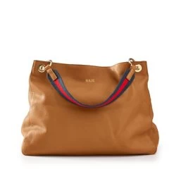 Camel Handbag With Red-Navy Twill Shoulder Strap Set | 1