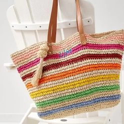 Colorful Stripe Straw Tote | 3 -Grocery Store colorful stripe straw tote 1 c 2