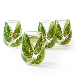 Hand Painted Palm Leaf Stemless Wine Glasses, Set Of 4 | 1 -Grocery Store flamingo happy hour gift set c 5