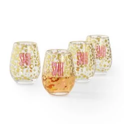 Gold Leopard Print Stemless Wine Glasses, Set Of 4 | 1 -Grocery Store gold leopard print stemless wine glasses set of 4 c