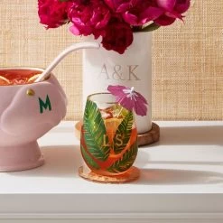 Hand Painted Palm Leaf Stemless Wine Glasses, Set Of 4 | 1