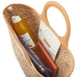 Leather Circle Handle Straw Beach Bag | 1 -Grocery Store leather circle handle straw beach bag c 2