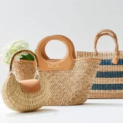 Leather Circle Handle Straw Beach Bag | 1