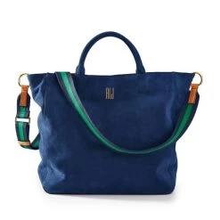 Navy Suede Tote With Green-Navy Twill Crossbody Strap Set | 1