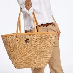 Palm Leaf Tote With Leather Strap | 1 -Grocery Store palm leaf tote with leather strap 1 c