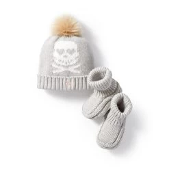 Skull And Crossbones Pom Pom Hat & Bootie Set | 2 -Grocery Store skull and crossbones pom pom hat bootie set c 1