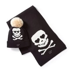 Skull And Crossbones Pom Pom Hat & Bootie Set | 2 -Grocery Store skull and crossbones pom pom hat bootie set c 2
