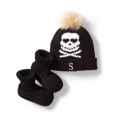 Skull And Crossbones Pom Pom Hat & Bootie Set | 2