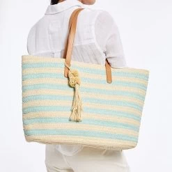 Striped Straw Tassel Tote | 3 20 Striped Straw Tassel Tote | 3 -Grocery Store striped straw tassel tote c 4